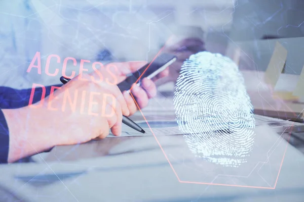 Double Exposure Man Hands Holding Using Digital Device Fingerprint Hologram — Stock Photo, Image