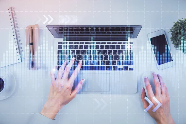 Double Exposure Woman Hands Working Computer Forex Chart Hologram Drawing — Stock Photo, Image