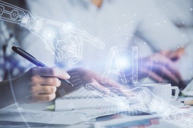 Veri temalı çizimin arka plan yazan insanların üzerine çifte pozlanması. Teknoloji kavramı