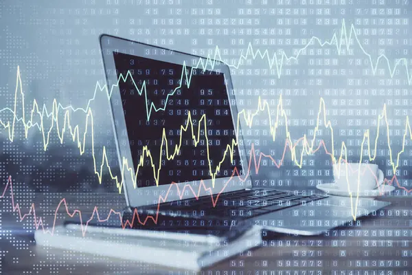 Forex Market Graph Hologram Personal Computer Background Double Exposure Concept — Stock Photo, Image
