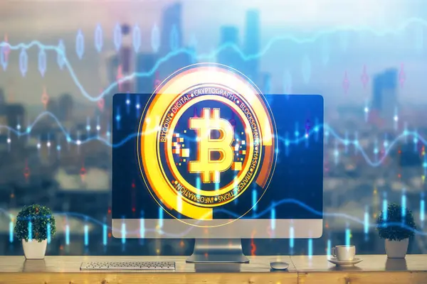 stock image Multi exposure of blockchain theme hologram and table with computer background. Concept of bitcoin crypto currency.