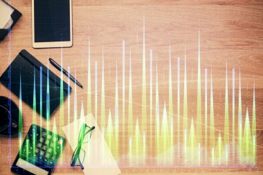 Ön x grafik çizimi ve çalışma masası üst veiw çift pozlama. Mali analiz kavramı.