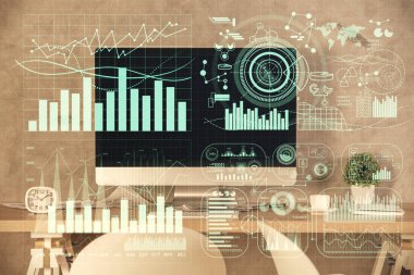 Finansal grafik çizimi ve ofis içi arka planının çoklu pozu. Pazar analizi kavramı.