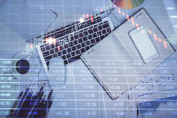 stock image Multi exposure of forex chart drawing over table background with computer. Concept of financial research and analysis. Top view.