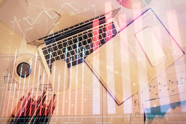Multi Exposure Forex Chart Drawing Table Background Computer Concept Financial — Stock Photo, Image