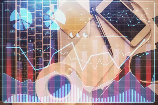 Dubbele Belichting Van Financiële Grafiek Tekening Tafel Achtergrond Met Computer — Stockfoto