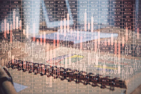Double Exposure Financial Graph Drawings Desk Open Notebook Background Concept — Stock Photo, Image