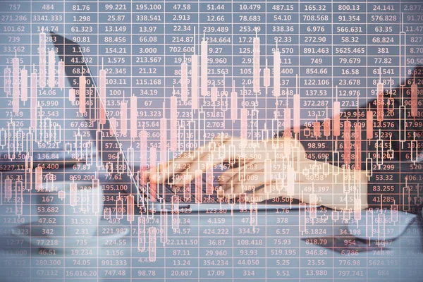 Doppelbelichtung Von Geschäftsfrau Hände Tippen Auf Computer Und Forex Graph — Stockfoto