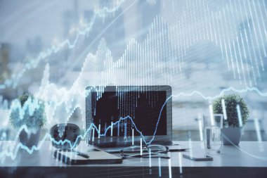 Bilgisayar geçmişi olan eski grafik hologramı. Çoklu maruz kalma. Finans piyasası kavramı.