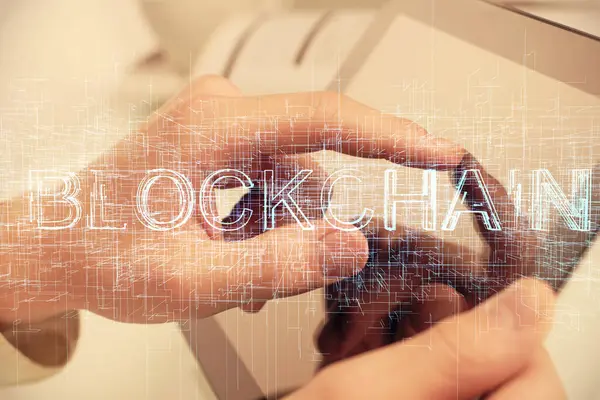 Dupla Exposição Das Mãos Homem Segurando Usando Telefone Criptomoeda Blockchain — Fotografia de Stock