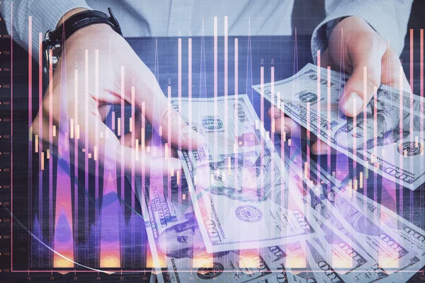 Multi Exponering Finansiella Diagram Rita Hologram Och Usa Dollar Räkningar — Stockfoto
