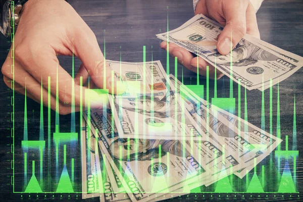Finansal Grafiğe Çoklu Pozlama Hologram Amerikan Dolarları Insan Eli Analiz — Stok fotoğraf