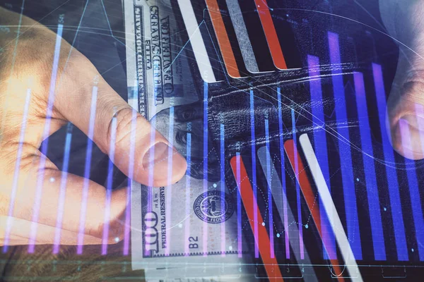 Multi Blootstelling Van Forex Grafiek Tekenen Hologram Amerikaanse Dollars Biljetten — Stockfoto