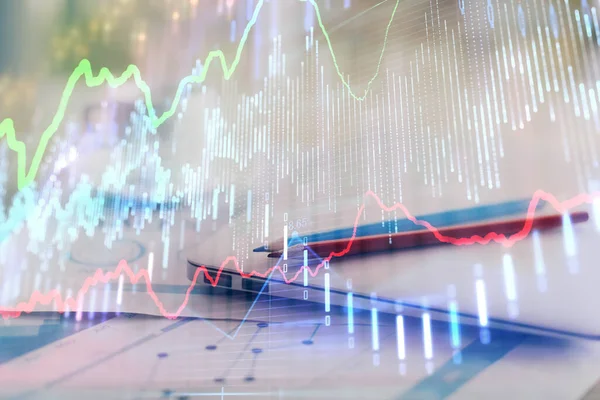 Forex Grafikon Hologram Asztalon Számítógépes Háttérrel Dupla Expozíció Pénzügyi Piacok — Stock Fotó