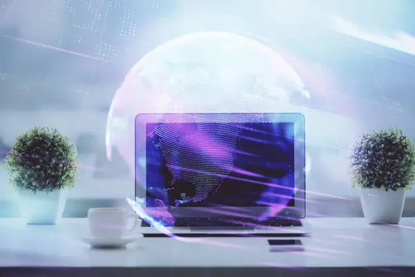 Computer Desktop Office Technology Theme Hologram Double Exposure Tech Concept — Stock Photo, Image