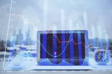 Bilgisayar geçmişi olan eski grafik hologramı. Çoklu maruz kalma. Finans piyasası kavramı.