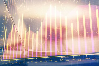 Bilgisayar geçmişi olan eski grafik hologramı. Çoklu maruz kalma. Finans piyasası kavramı.