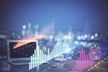 Bilgisayar geçmişi olan eski grafik hologramı. Çoklu maruz kalma. Finans piyasası kavramı.