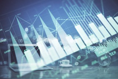 Bilgisayar geçmişi olan eski grafik hologramı. Çoklu maruz kalma. Finans piyasası kavramı.