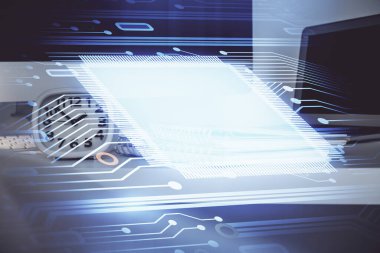 Teknoloji temalı çizim ve bilgisayarla çalışma alanı. Çoklu maruz kalma. Yenilik kavramı.