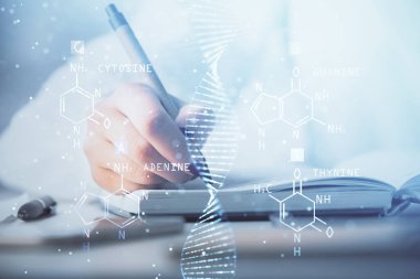 DNA temalı hologram, arka plan yazan kadınların ellerinde. Eğitim kavramı. Çift pozlama
