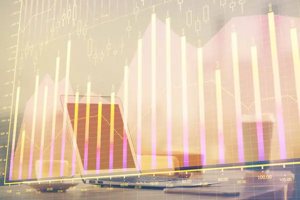 Forex Grafikon Hologram Asztalon Számítógépes Háttérrel Többszörös Expozíció Pénzügyi Piacok — Stock Fotó