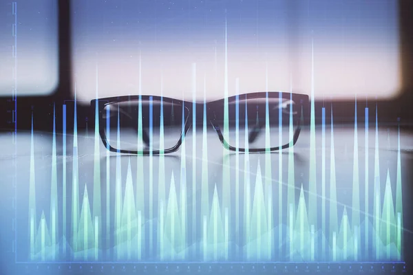 Financial Graph Hologram Glasses Table Background Concept Business Double Exposure — Stock Photo, Image