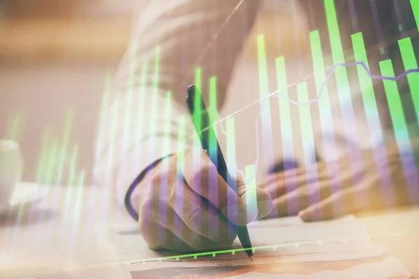 Financial Trading Chart Multi Exposure Man Desktop Background Concept Success — Stock Photo, Image