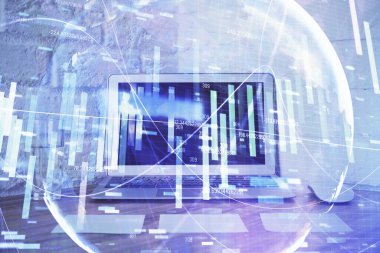 İş teması simgelerinin çifte pozlandırılması ve bilgisayar geçmişi olan çalışma alanı. Başarı kavramı.