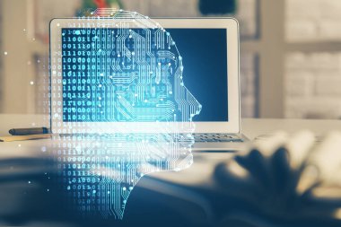 Bilgisayar ve insan beyninin hologram çizdiği çalışma alanının iki katına çıkarılması. Beyin fırtınası konsepti.