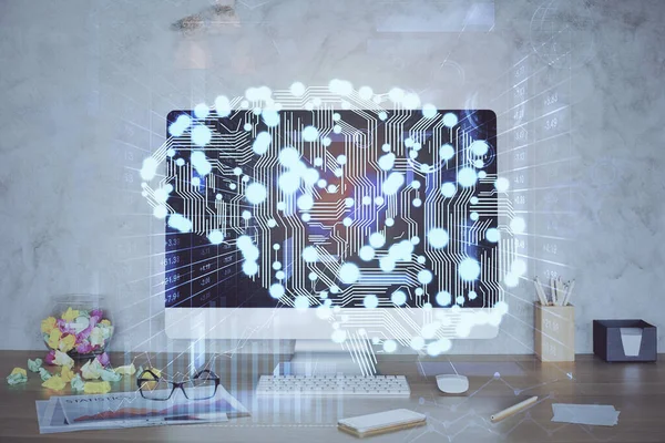 Dubbele Blootstelling Van Desktop Met Computer Hersenen Tekenen Hologram Concept — Stockfoto