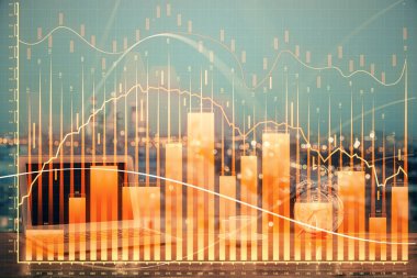 Finansal grafik renkli çizimler ve arka planda bilgisayar olan tablolar. Çifte maruziyet. Uluslararası pazarlar kavramı.