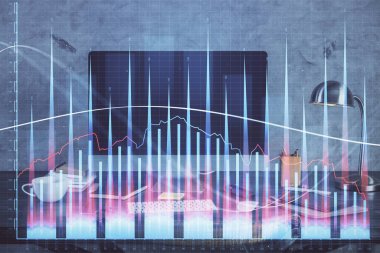 Finansal grafik renkli çizimler ve arka planda bilgisayar olan tablolar. Çifte maruziyet. Uluslararası pazarlar kavramı.