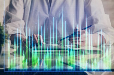 Finansal Forex grafiği el notları arka plan alarak çizilmiş. Araştırma kavramı. Çift Pozlama