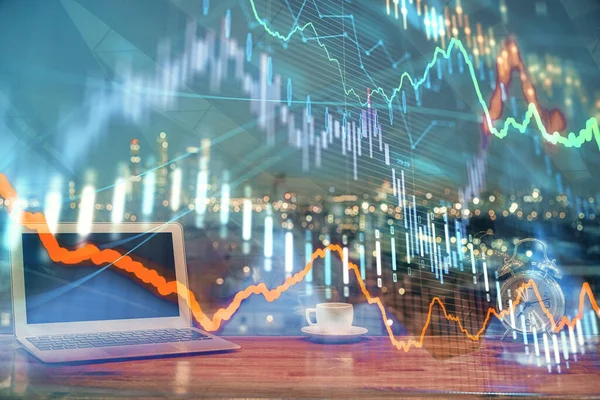 Financiële Grafiek Kleurrijke Tekening Tabel Met Computer Achtergrond Dubbele Belichting — Stockfoto