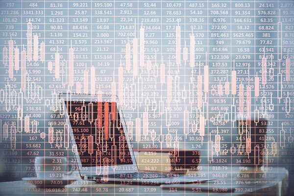 Gráfico Financeiro Desenho Colorido Tabela Com Computador Fundo Dupla Exposição — Fotografia de Stock