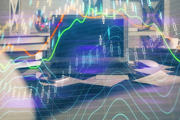 Financial Graph Colorful Drawing Table Computer Background Double Exposure Concept — Stock Photo, Image