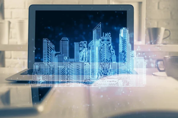 Desktop Computer Background Office Big Town Buildings Hologram Drawing Double — Stock Photo, Image