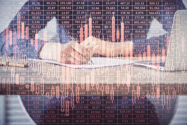 Double Exposure Hands Stock Market Chart Concept Research Analysis — Stock Photo, Image