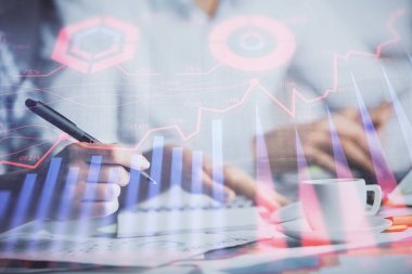 Ön x grafiğinin arka plan notları alan insanların üzerini çizerken çift pozlama. Mali analiz kavramı