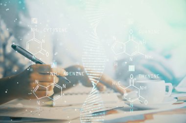 DNA temasının arka plan notları alan insanların üzerine çifte pozlanması. Tıp eğitimi kavramı
