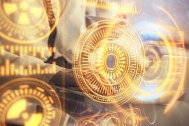 Bilgisayar ve teknoloji temalı çizimlerde kadın elinin çifte pozlanması. Yüksek Teknoloji kavramı.