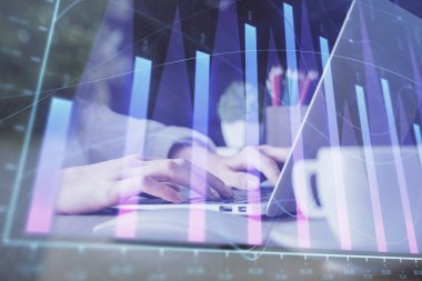 Bilgisayarda ve ön x grafik hologram çiziminde kadın eli yazarken çift pozlama. Borsa yatırım kavramı.