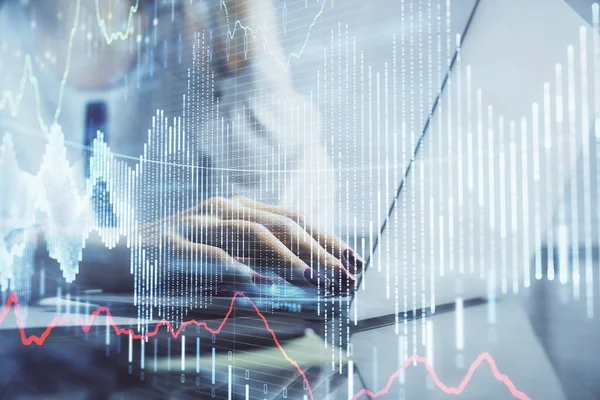 Podwójna Ekspozycja Kobiecych Rąk Komputerowym Finansowym Rysunku Hologramu Koncepcja Analizy — Zdjęcie stockowe
