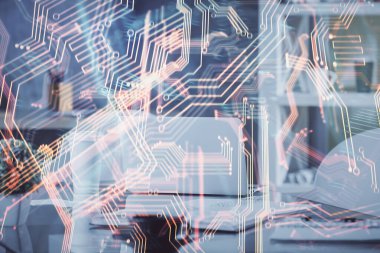 Teknoloji temalı çizimlere ve ofis içi arka planına çifte maruz kalma. Teknoloji konsepti.