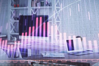 Finansal grafik çizimine ve ofis içi arka planına çifte maruz kalma. Borsa konsepti.