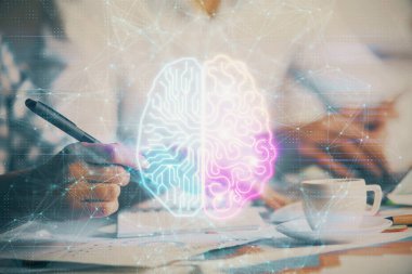 Arka planda not alan insanların beyinlerini çizerken çifte maruz kalma. Ai kavramı