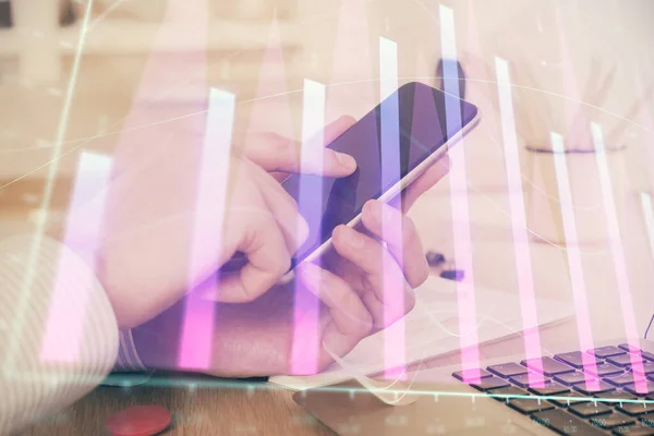 Double Exposure Man Hands Holding Using Digital Device Forex Graph — Stock Photo, Image