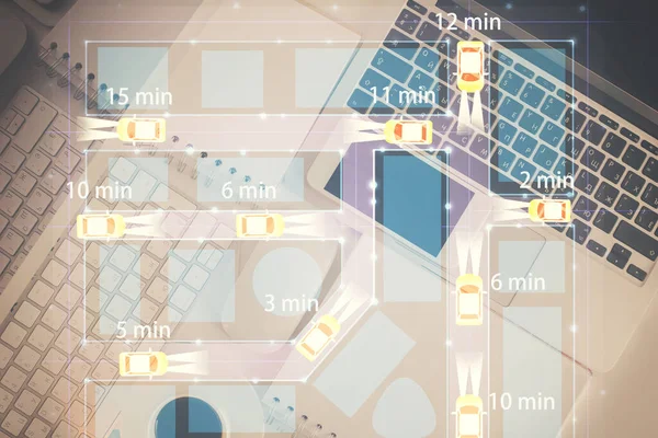 Автопилотная Голограмма Рисует Поверх Компьютера Фоне Рабочего Стола Вид Сверху — стоковое фото