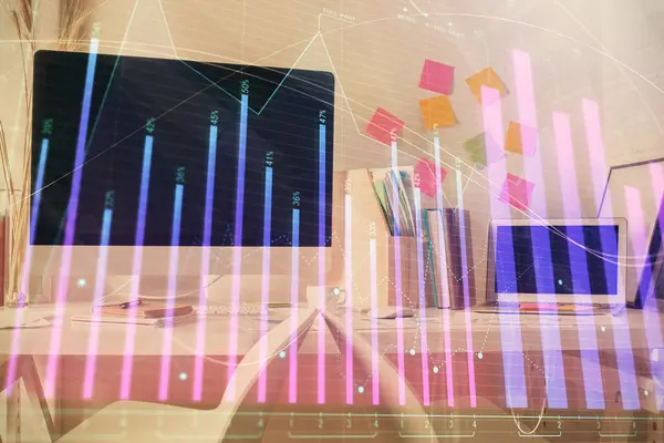 Dvojitá Expozice Výkresu Finančního Grafu Pozadí Interiéru Kanceláře Koncepce Akciového — Stock fotografie